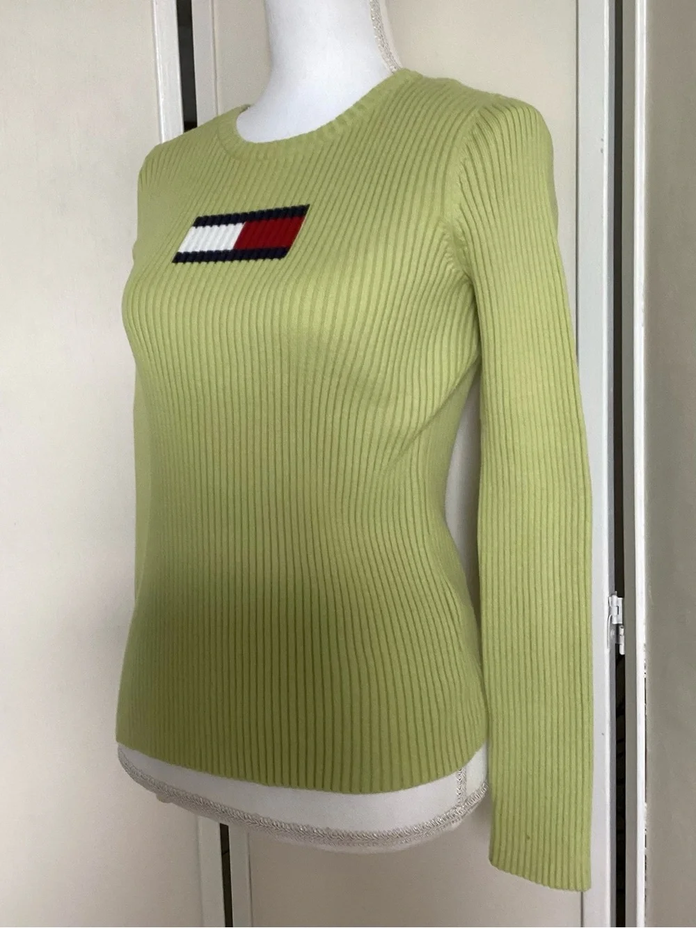 TOMMY HILFIGER ribbed sweater Sz S green cotton Y2K long sleeve